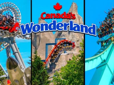 Roller coasters and mountain backdrop at Canada’s Wonderland amusement park