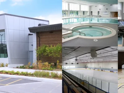 Modern recreational centre with gym, pool, and ice rink facilities
